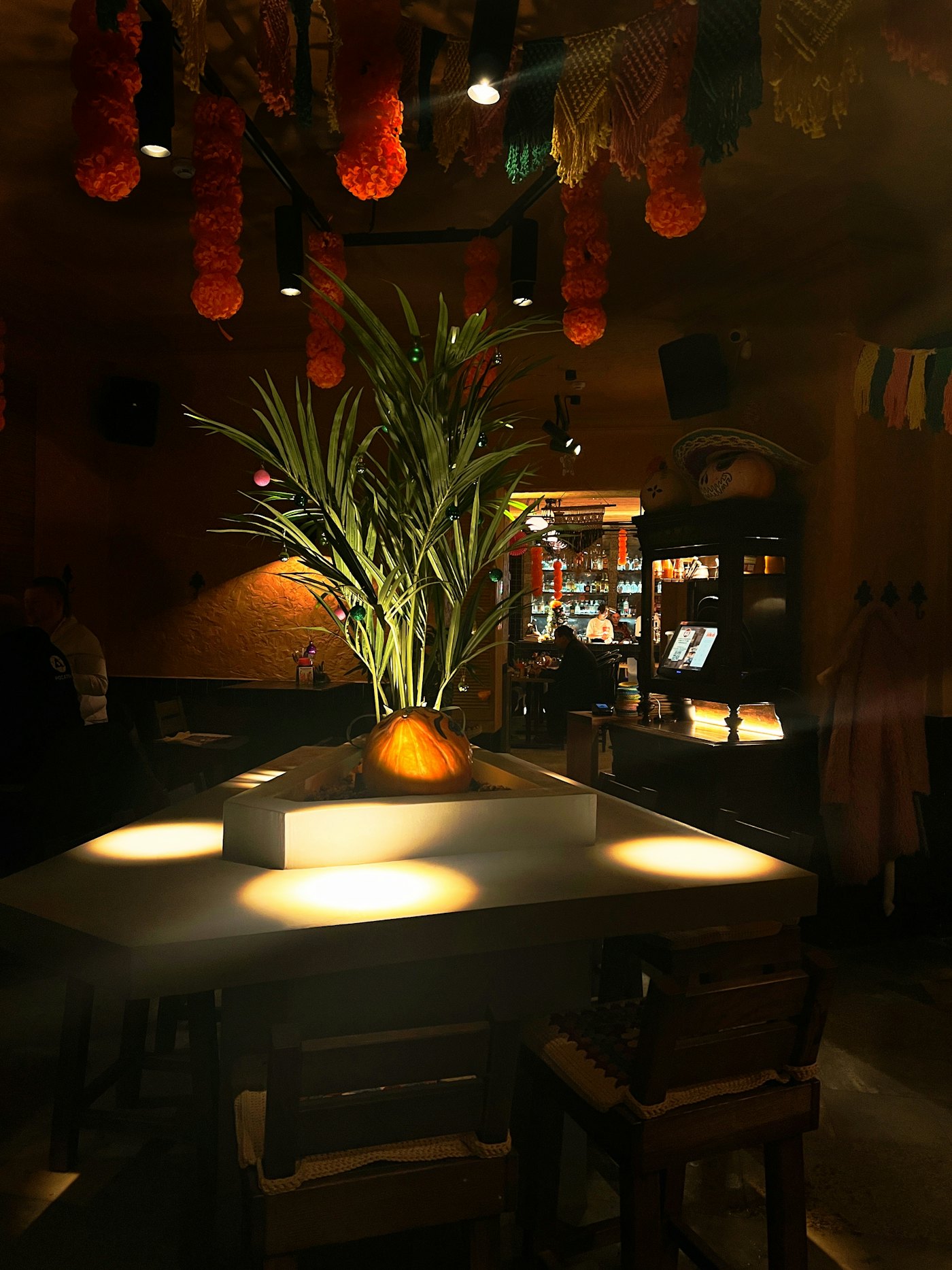The Fuego dining room in warm light